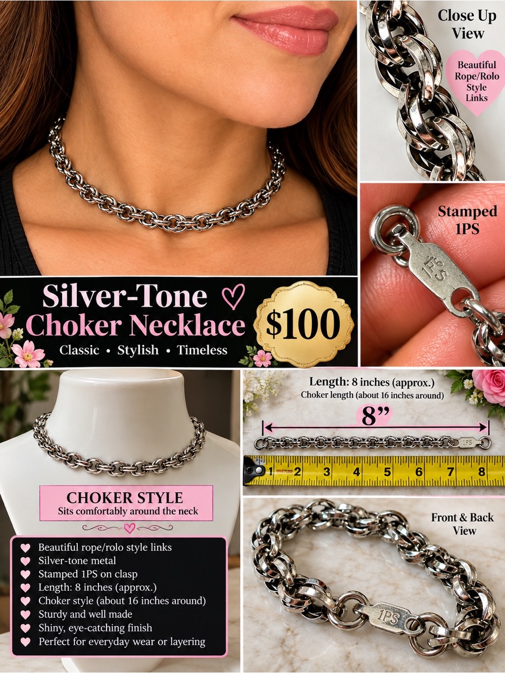 Silver-Tone Rope/Rolo Choker Necklace - Silver Classic Fashion